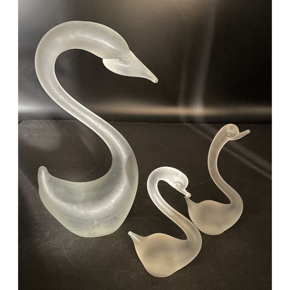 Frosted Satin Glass Swans Set of Three Figurines